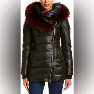 NB Series by Nicole Benisti Hooded Black Puffer with Burgundy Fur